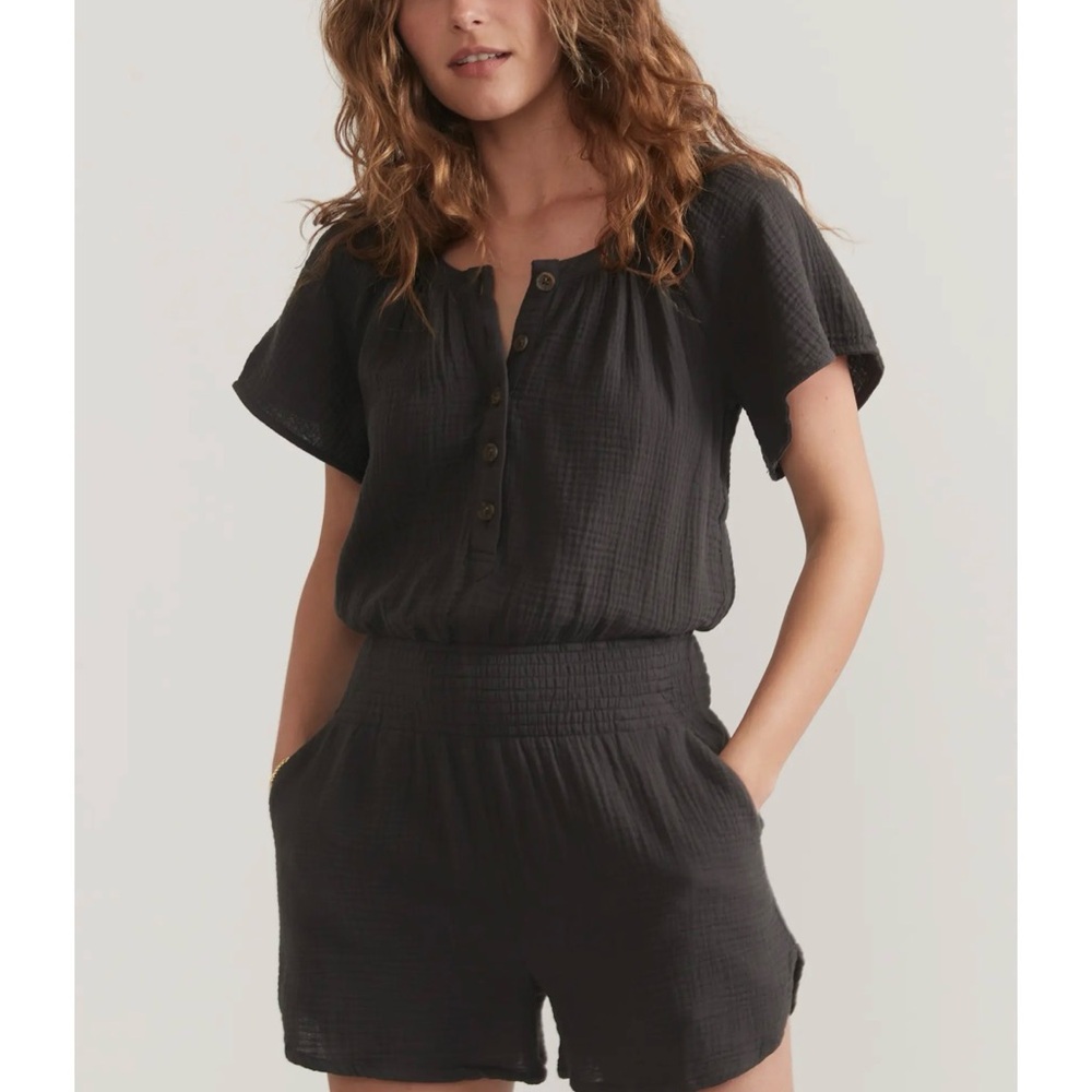 Marine Layer Double Cloth Gauze Romper Smocked Waist Pockets Womens Large